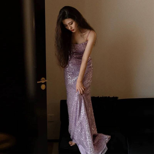 Sexy Mermaid Spaghetti Straps Lilac Sequin Prom Dresses Party Dress 21st Birthday Outfits Graduation Dress AU409