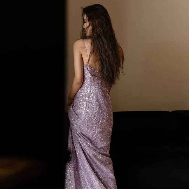 Sexy Mermaid Spaghetti Straps Lilac Sequin Prom Dresses Party Dress 21st Birthday Outfits Graduation Dress AU409