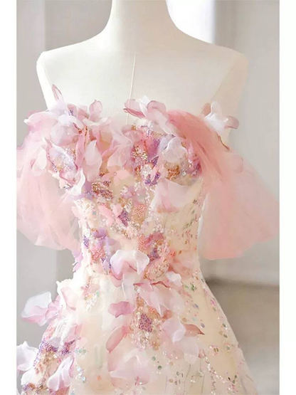 Modest Ball Gown Off The Shoulder Pink Sequin Flowers Long Prom Dress Inspiration Party Formal Gown Prom Dresses AU410