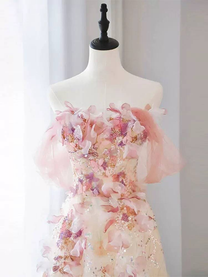 Modest Ball Gown Off The Shoulder Pink Sequin Flowers Long Prom Dress Inspiration Party Formal Gown Prom Dresses AU410