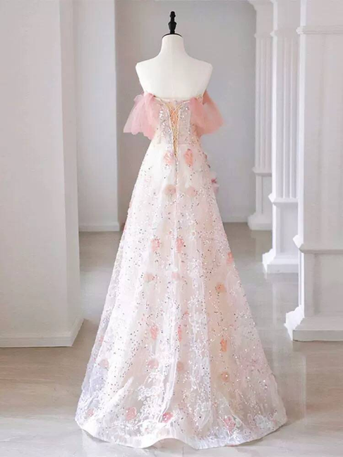 Modest Ball Gown Off The Shoulder Pink Sequin Flowers Long Prom Dress Inspiration Party Formal Gown Prom Dresses AU410