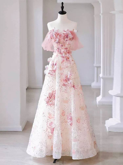 Modest Ball Gown Off The Shoulder Pink Sequin Flowers Long Prom Dress Inspiration Party Formal Gown Prom Dresses AU410