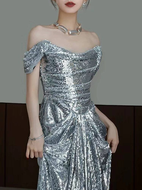 Cute Mermaid Off The Shoulder Silver Sequins Prom Dresses Party Dress 20th Birthday Outfits Graduation Dress AU411