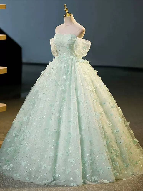 Classy Ball Gown Off The Shoulder Mint Green Tulle Prom Dresses Party Dress 21st Birthday Outfits Senior Graduation Dress AU412