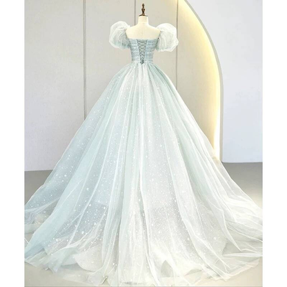 Classy Ball Gown Square Neck Light Sky Blue Tulle Prom Dresses Party Dress 21st Birthday Outfits Senior Graduation Dress AU413