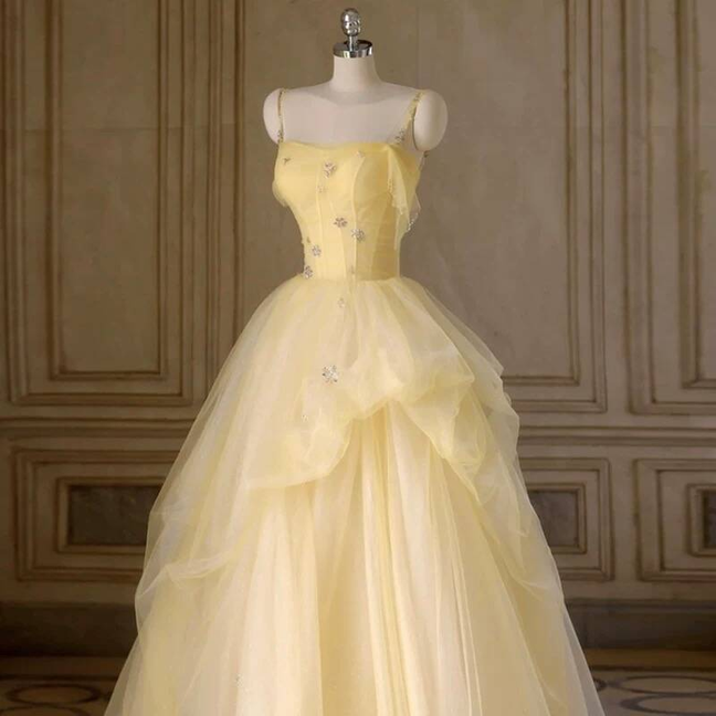 Timeless Ball Gown Spaghetti Straps Yellow Tulle Prom Dress Inspiration Long Party Formal Prom Dresses AU414