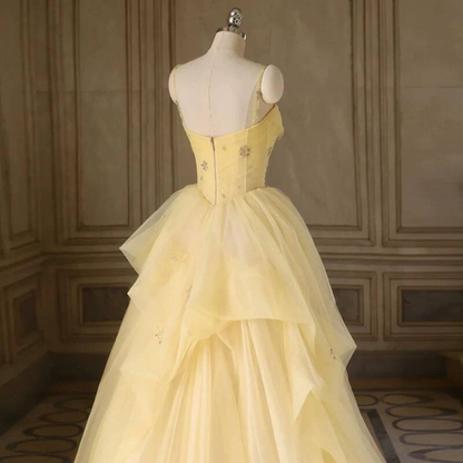 Timeless Ball Gown Spaghetti Straps Yellow Tulle Prom Dress Inspiration Long Party Formal Prom Dresses AU414