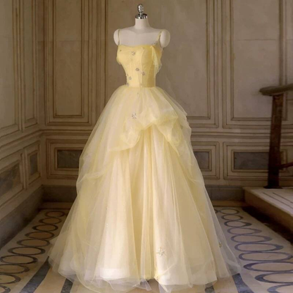 Timeless Ball Gown Spaghetti Straps Yellow Tulle Prom Dress Inspiration Long Party Formal Prom Dresses AU414