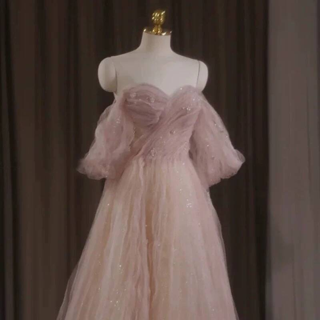 Classy A Line Off The Shoulder Blush Pink Tulle Prom Dresses Party Dress 21st Birthday Outfits Senior Graduation Dress AU419