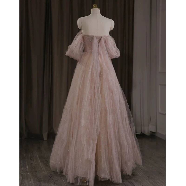 Classy A Line Off The Shoulder Blush Pink Tulle Prom Dresses Party Dress 21st Birthday Outfits Senior Graduation Dress AU419