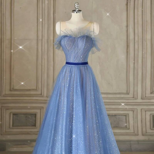 Classy A Line Strapless Blue Tulle Prom Dresses Party Dress 21st Birthday Outfits Senior High School Graduation Dress AU423