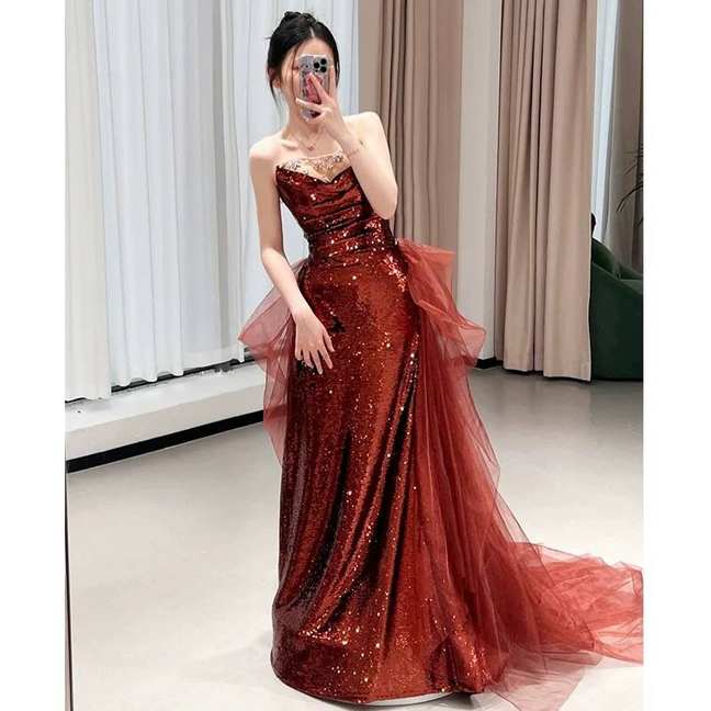 Timeless Mermaid Sweetheart Burgundy Sequins Prom Dress Inspiration Long Party Formal Prom Dresses AU424