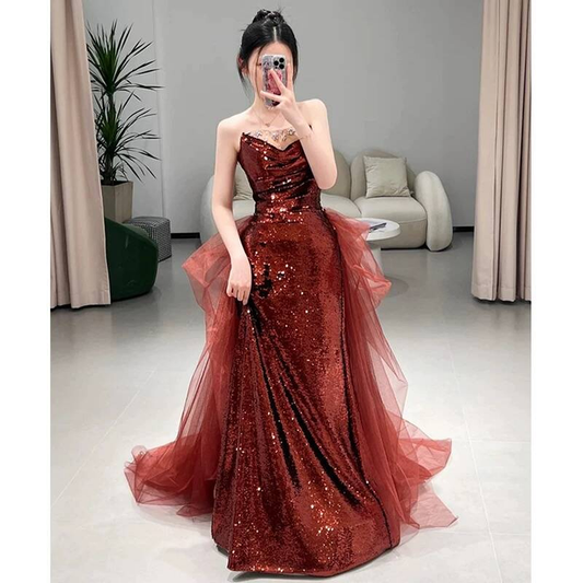 Timeless Mermaid Sweetheart Burgundy Sequins Prom Dress Inspiration Long Party Formal Prom Dresses AU424
