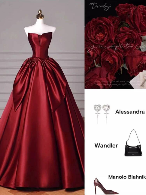 Classy Ball Gown Strapless Burgundy Satin Prom Dresses Party Dress Dance Senior High School Graduation Dress AU425