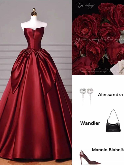 Classy Ball Gown Strapless Burgundy Satin Prom Dresses Party Dress Dance Senior High School Graduation Dress AU425