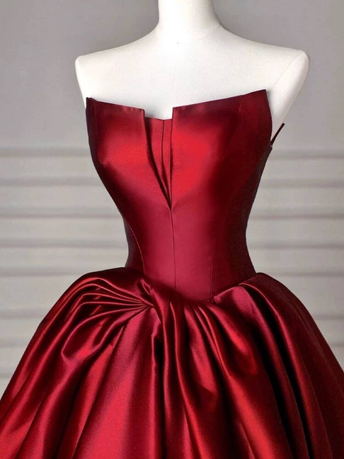 Classy Ball Gown Strapless Burgundy Satin Prom Dresses Party Dress Dance Senior High School Graduation Dress AU425