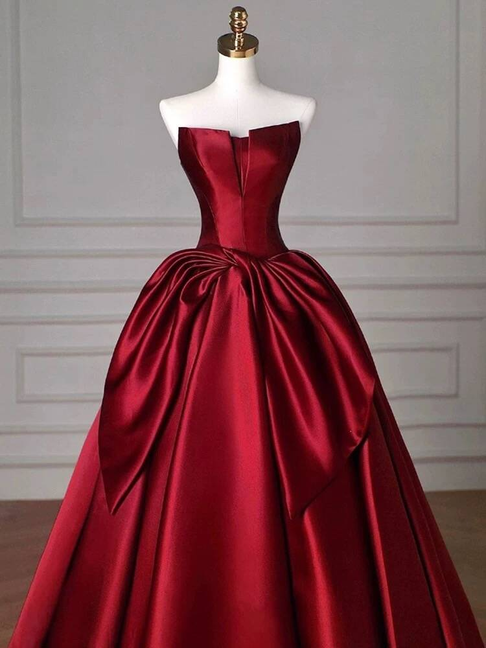 Classy Ball Gown Strapless Burgundy Satin Prom Dresses Party Dress Dance Senior High School Graduation Dress AU425