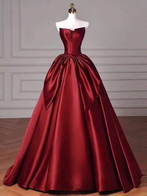 Classy Ball Gown Strapless Burgundy Satin Prom Dresses Party Dress Dance Senior High School Graduation Dress AU425