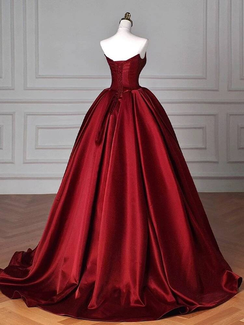 Classy Ball Gown Strapless Burgundy Satin Prom Dresses Party Dress Dance Senior High School Graduation Dress AU425