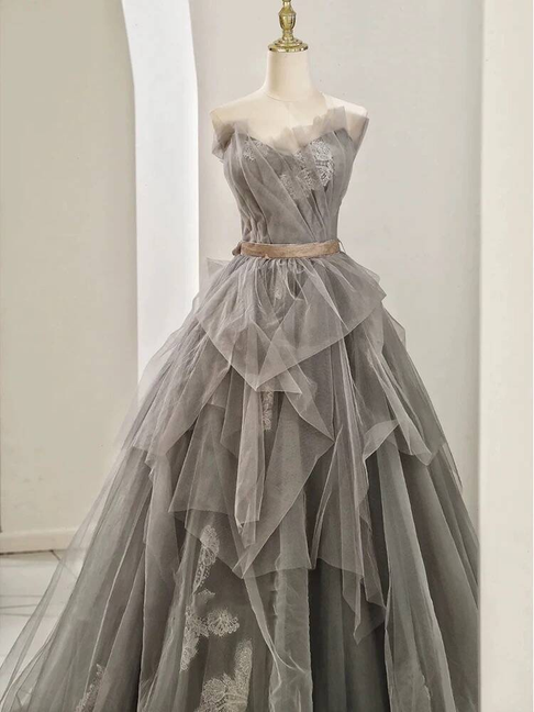 Classy Ball Gown Strapless Gray Tulle Prom Dresses Party Dress Dance Senior High School Graduation Dress AU426