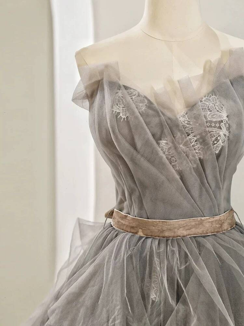 Classy Ball Gown Strapless Gray Tulle Prom Dresses Party Dress Dance Senior High School Graduation Dress AU426