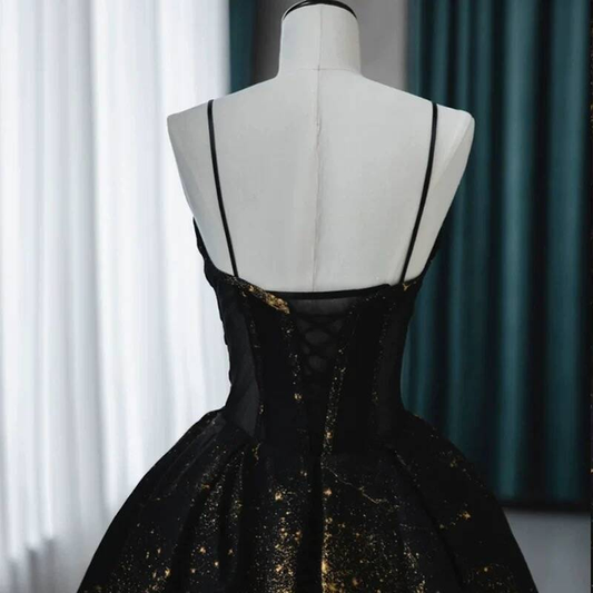 Modest Ball Gown Spaghetti Straps Black Sequin Prom Dresses Party Dress Dance Senior High School Graduation Dress AU427