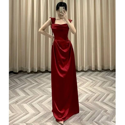 Timeless Sheath Square Neck Burgundy Satin Prom Dress Inspiration Long Party Formal Prom Dresses AU428