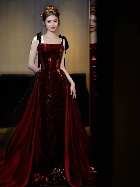 Timeless Sheath Spaghetti Straps Sequin Burgundy Prom Dress Inspiration Long Party Formal Prom Dresses AU429