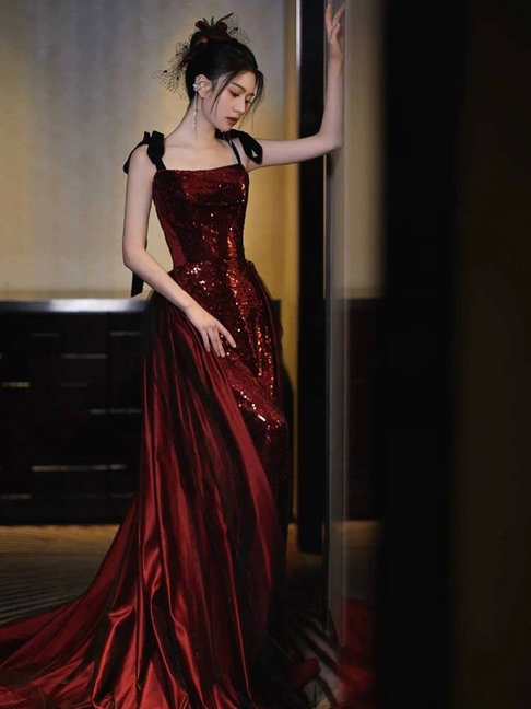 Timeless Sheath Spaghetti Straps Sequin Burgundy Prom Dress Inspiration Long Party Formal Prom Dresses AU429