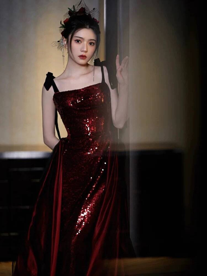 Timeless Sheath Spaghetti Straps Sequin Burgundy Prom Dress Inspiration Long Party Formal Prom Dresses AU429