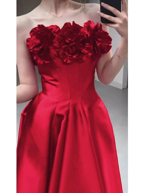 Cute A line Strapless Red Satin Prom Dresses Party Dress 20th Birthday Outfits Graduation Dress AU430