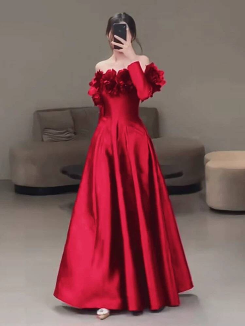 Cute A line Strapless Red Satin Prom Dresses Party Dress 20th Birthday Outfits Graduation Dress AU430