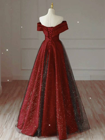 Unique Ball Gown Off The Shoulder Red Tulle Prom Dresses Party Dress 20th Birthday Outfits Graduation Dress AU431