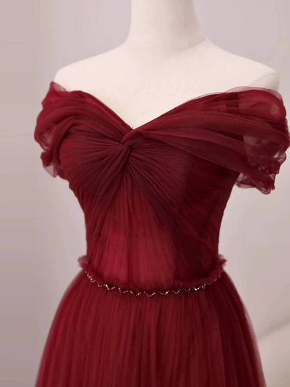 Unique Ball Gown Off The Shoulder Wine Red Burgundy Tulle Prom Dresses Party Dress 20th Birthday Outfits Graduation Dress AU432