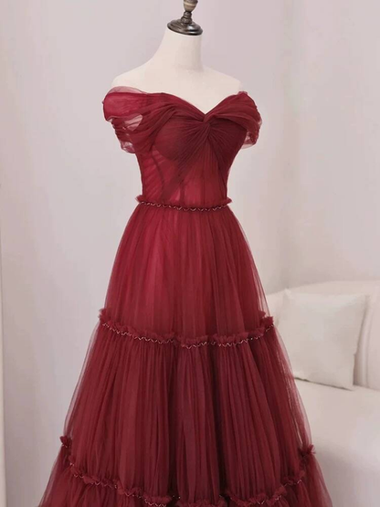 Unique Ball Gown Off The Shoulder Wine Red Burgundy Tulle Prom Dresses Party Dress 20th Birthday Outfits Graduation Dress AU432