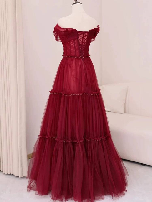 Unique Ball Gown Off The Shoulder Wine Red Burgundy Tulle Prom Dresses Party Dress 20th Birthday Outfits Graduation Dress AU432
