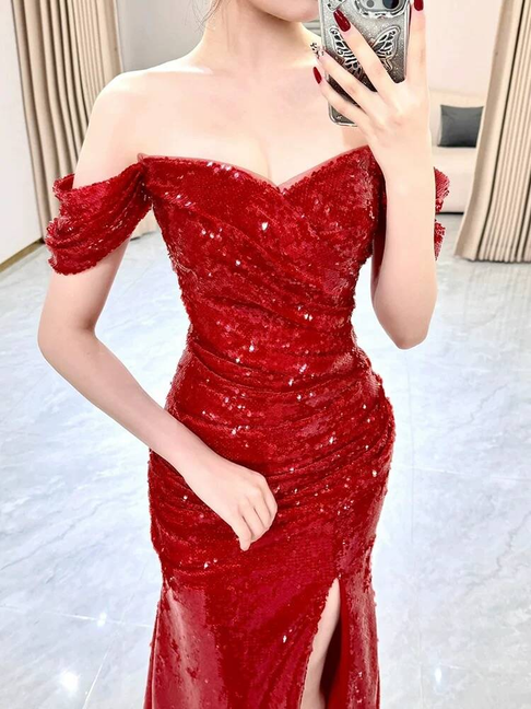Sexy Mermaid Off The Shoulder Red Sequins Prom Dresses Party Dress 20th Birthday Outfits Graduation Dress AU435