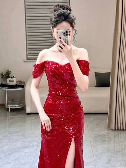 Sexy Mermaid Off The Shoulder Red Sequins Prom Dresses Party Dress 20th Birthday Outfits Graduation Dress AU435