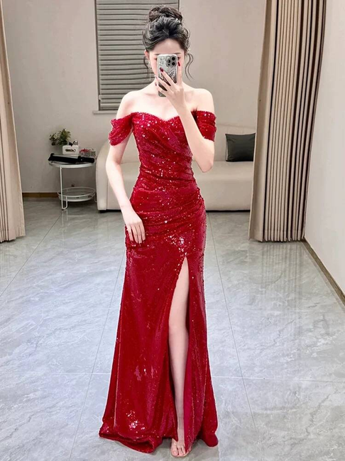 Sexy Mermaid Off The Shoulder Red Sequins Prom Dresses Party Dress 20th Birthday Outfits Graduation Dress AU435