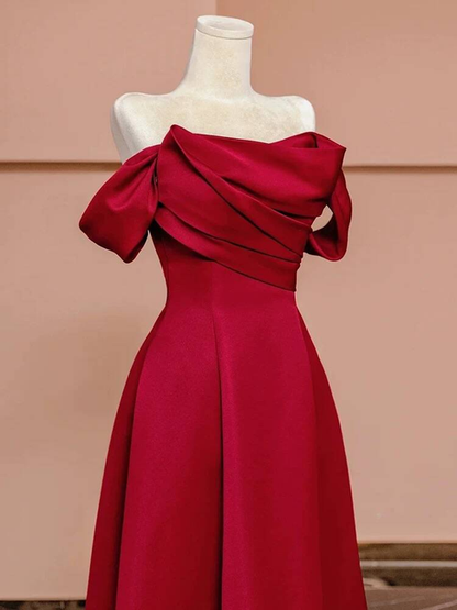 Simple A line Off The Shoulder Red Satin Prom Dresses Party Dress 18th Birthday Outfits Graduation Dress AU436