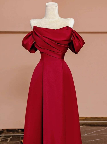 Simple A line Off The Shoulder Red Satin Prom Dresses Party Dress 18th Birthday Outfits Graduation Dress AU436