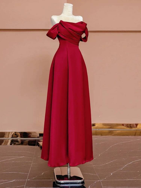 Simple A line Off The Shoulder Red Satin Prom Dresses Party Dress 18th Birthday Outfits Graduation Dress AU436