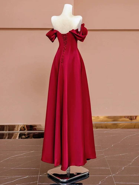 Simple A line Off The Shoulder Red Satin Prom Dresses Party Dress 18th – RubyFashionDress