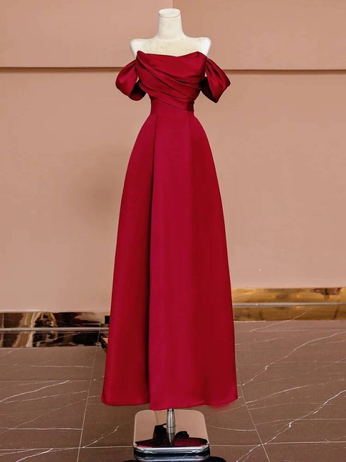 Simple A line Off The Shoulder Red Satin Prom Dresses Party Dress 18th Birthday Outfits Graduation Dress AU436