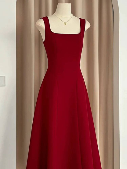 Simple A line Square Neck Red Satin Prom Dresses Party Dress 18th Birthday Outfits Graduation Dress AU437