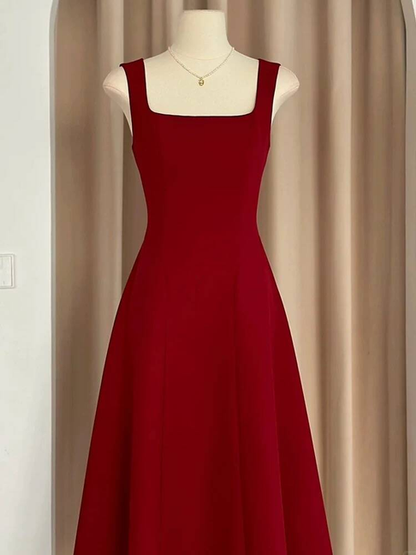 Simple A line Square Neck Red Satin Prom Dresses Party Dress 18th Birthday Outfits Graduation Dress AU437