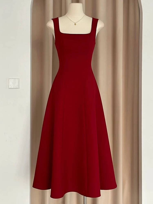 Simple A line Square Neck Red Satin Prom Dresses Party Dress 18th Birthday Outfits Graduation Dress AU437