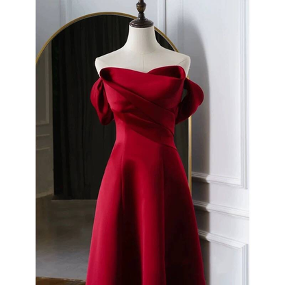 Simple A line Off The Shoulder Wine Red Satin Prom Dresses Party Dress 18th Birthday Outfits Graduation Dress AU438