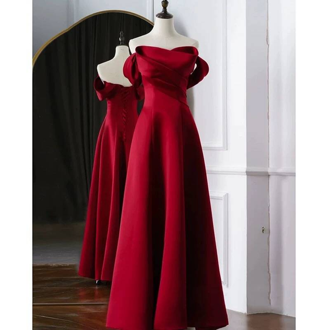 Simple A line Off The Shoulder Wine Red Satin Prom Dresses Party Dress 18th Birthday Outfits Graduation Dress AU438