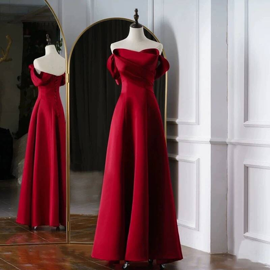 Simple A line Off The Shoulder Wine Red Satin Prom Dresses Party Dress 18th Birthday Outfits Graduation Dress AU438